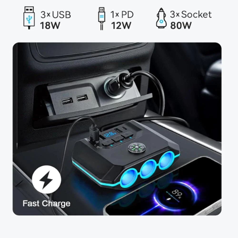 Kebidumei 120W Car Cigarette Lighter Adapter USB Fast Charger Splitter Multinational Socket Ports LED Voltmeter Auto Accessories