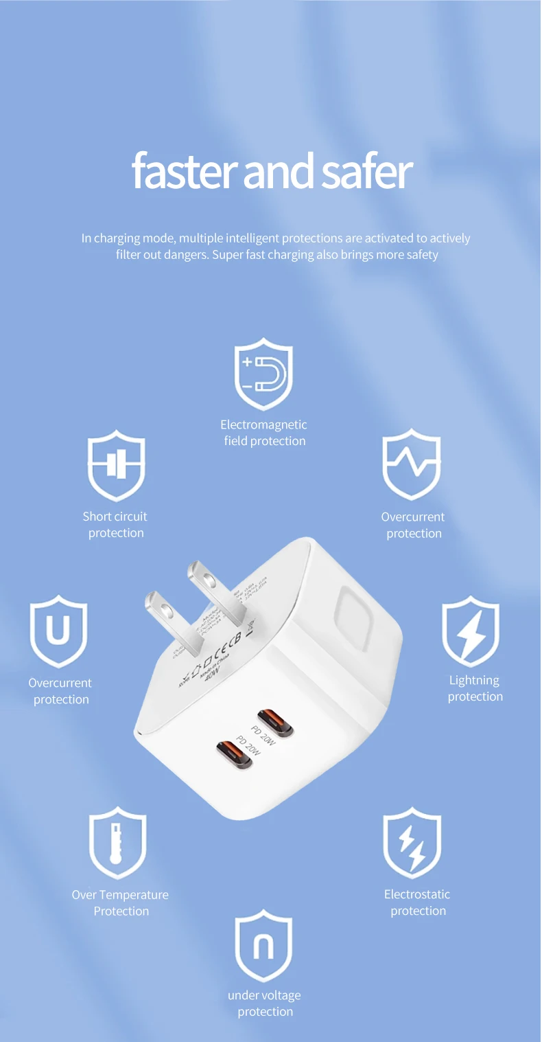40W Type C Charger Fast Charging Dual PD QC 3.0 Mobile Phone Charger Adapter For iPhone Samsung Huawei Xiaomi USB C Wall Charger