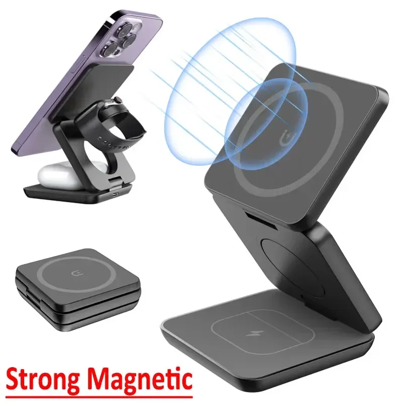 3 in 1 Magnetic Wireless Charger Stand Macsafe For iPhone 15 14 13 12 Apple Watch 8 7 6 Airpods Pro Fast Charging Dock Station