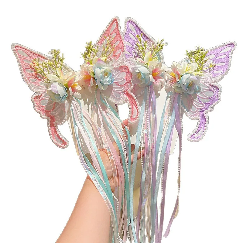 Kids Girls Sweet Chinese Style Fairy Flower Butterfly Hair Clips Pair Ribbon Tassel Pearl Decor Hair Accessories For Daily Party