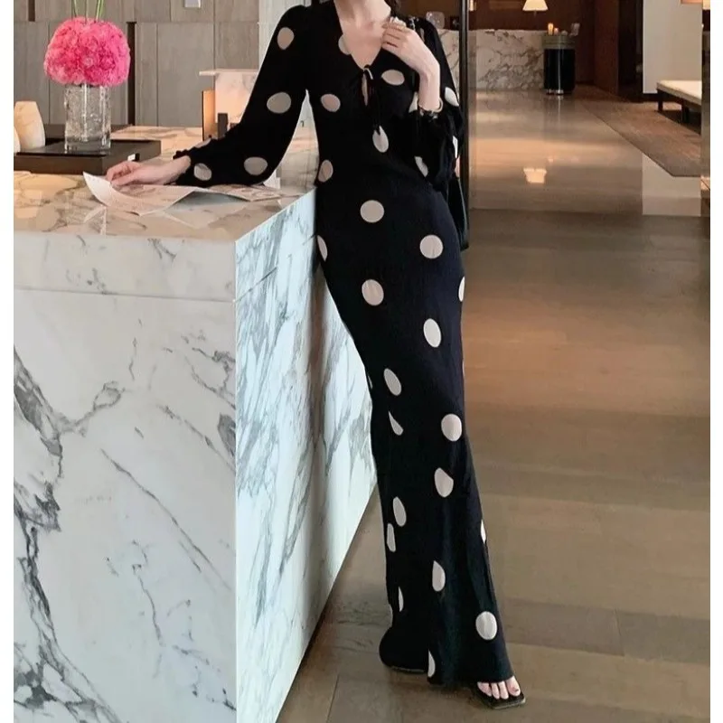 

Dot Pattern Long-sleeved Elegant New Style Slimming Vintage Long Dress Fashionable Concealing-fat Dress