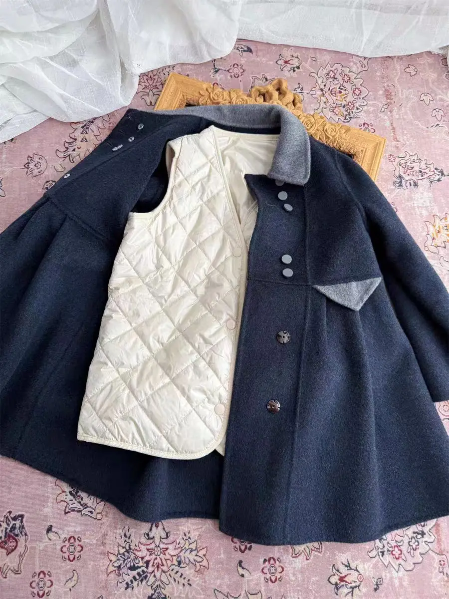 Vintage 100 % Wolle doppelseitiger Kaschmir handgemachter Kinderrock Marine Kragen Mantel Kinder Boutique Weihnachten warme Jacke – Detail 5