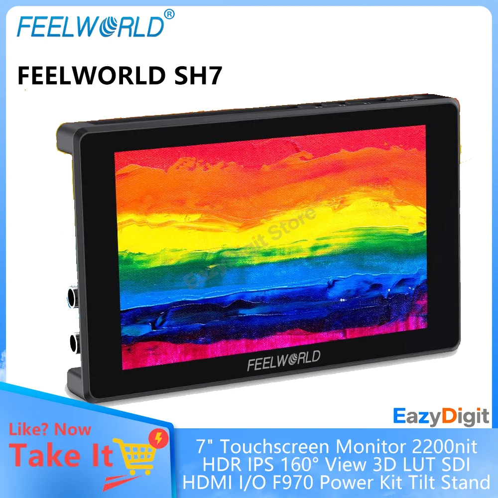 شاشة Feelworld SH7 مقاس 7 بوصات تعمل باللمس 2200nit HDR IPS 160 °   عرض 3D LUT SDI HDMI I/O F970 Power Kit Tilt Stand