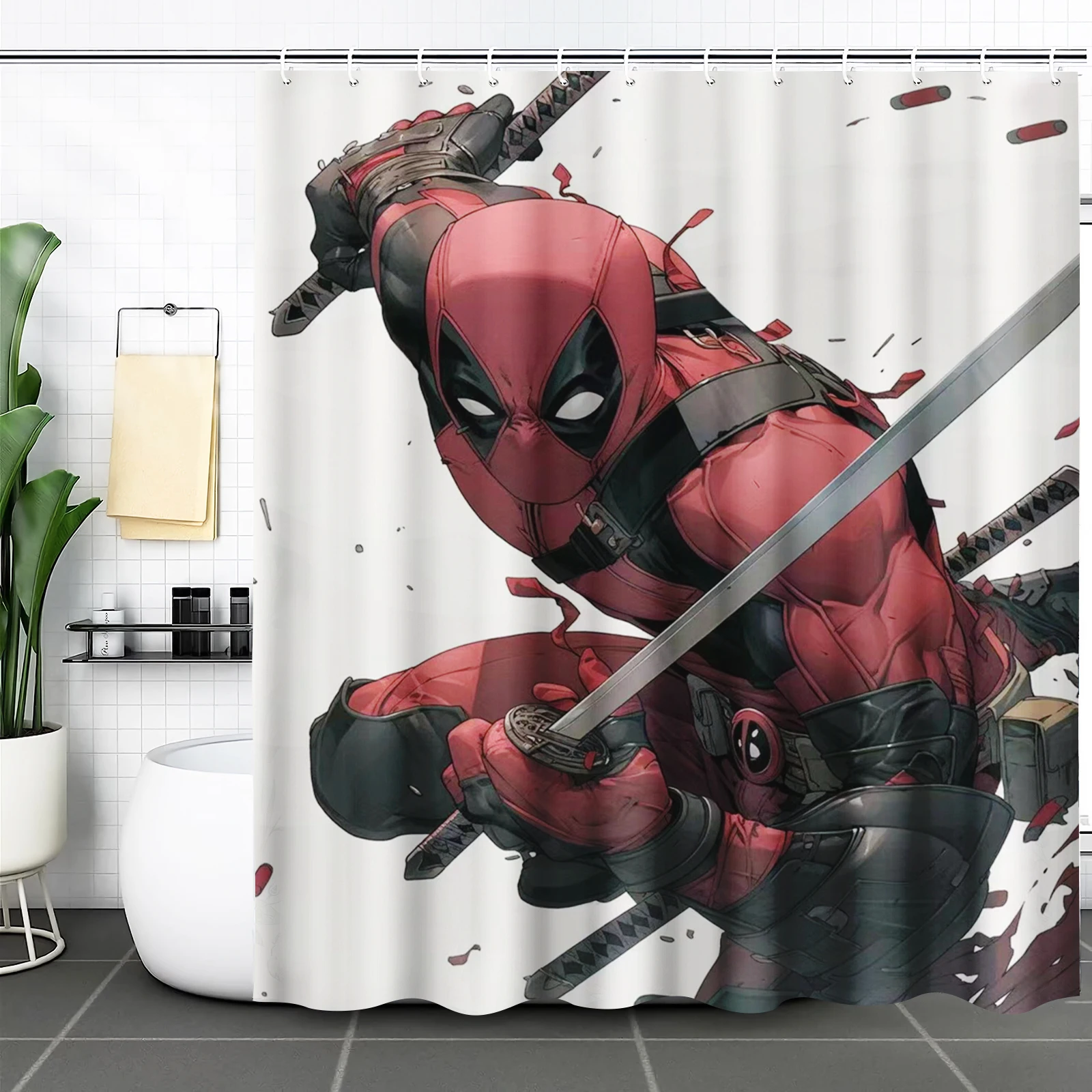 Deadpool and Wolverine Shower Curtain Cartoon Polyester Cute Bath Set Screen Sets Setluxury Funny Hook Up Bathroom Accessories