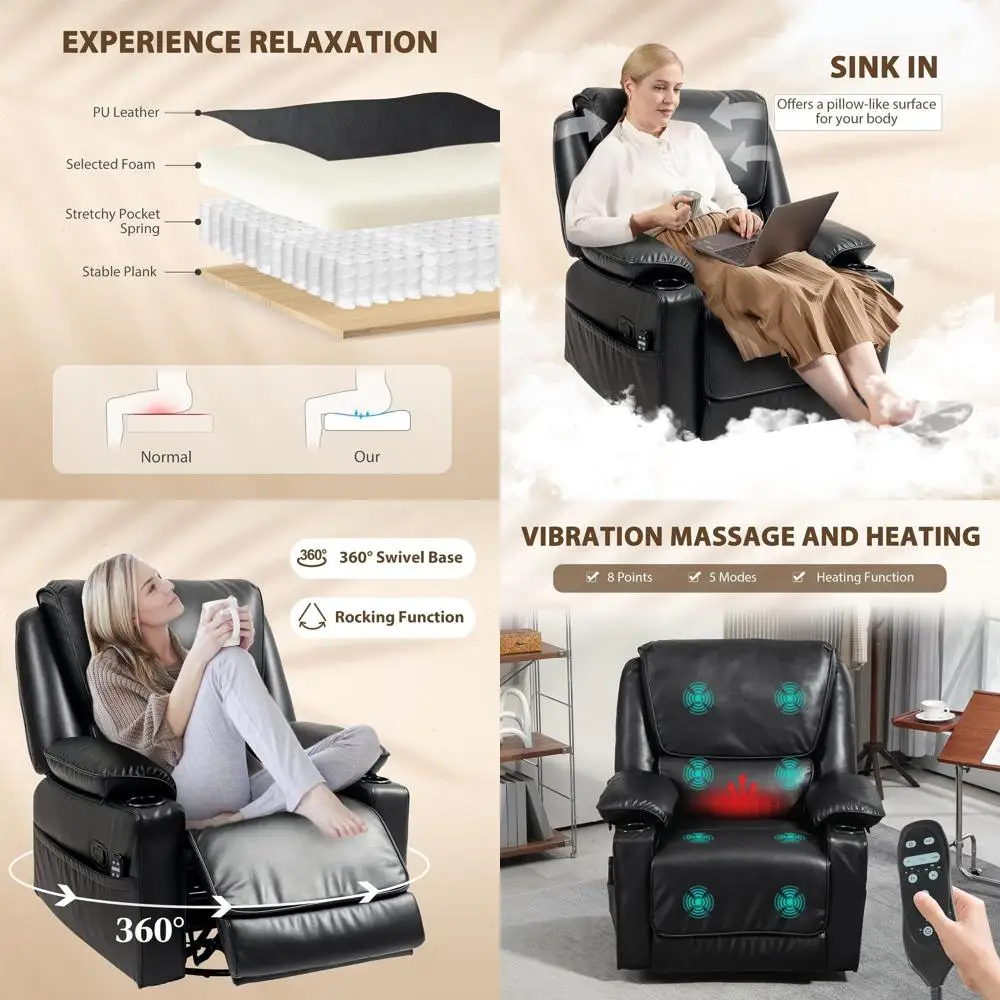 

Swivel Rocker Recliner Chair with Vibration Massage and Heat, Oversized Ergonomic Lounge Chair with PU Leather, Remote, Footrest