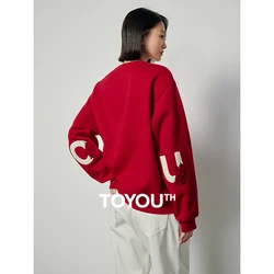 TOYOUTH Women Plush Sweatshirt 2024 Autumn Winter Long Sleeve O Neck Embroidery Casual Pullover Hoodies Sweatshirt 3 Colors