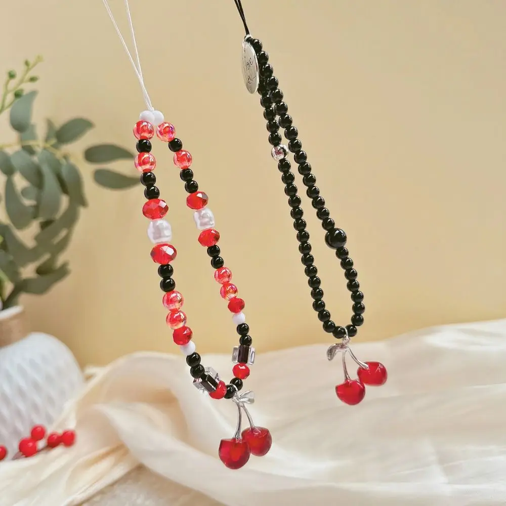 Kawaii black cherry Mobile phone chain Anti-lost Lanyard Key Short Wrist Rope Red Jewelry Keychain Women Hand-held Chain