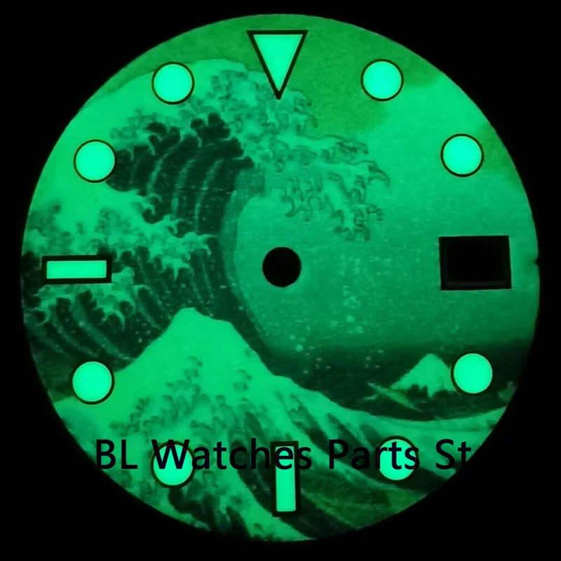 BL 28.9mm Surfing Wave Watch Dial Super Green Luminous  Blue Red Fit NH35 Movement