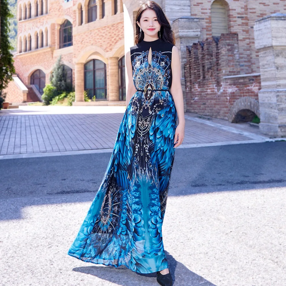 

New Women Summer Holiday Beach Dress Fashion O-Neck Sleeveless Slim Waist Long Dress Casual Flowing High Waist Print Dress