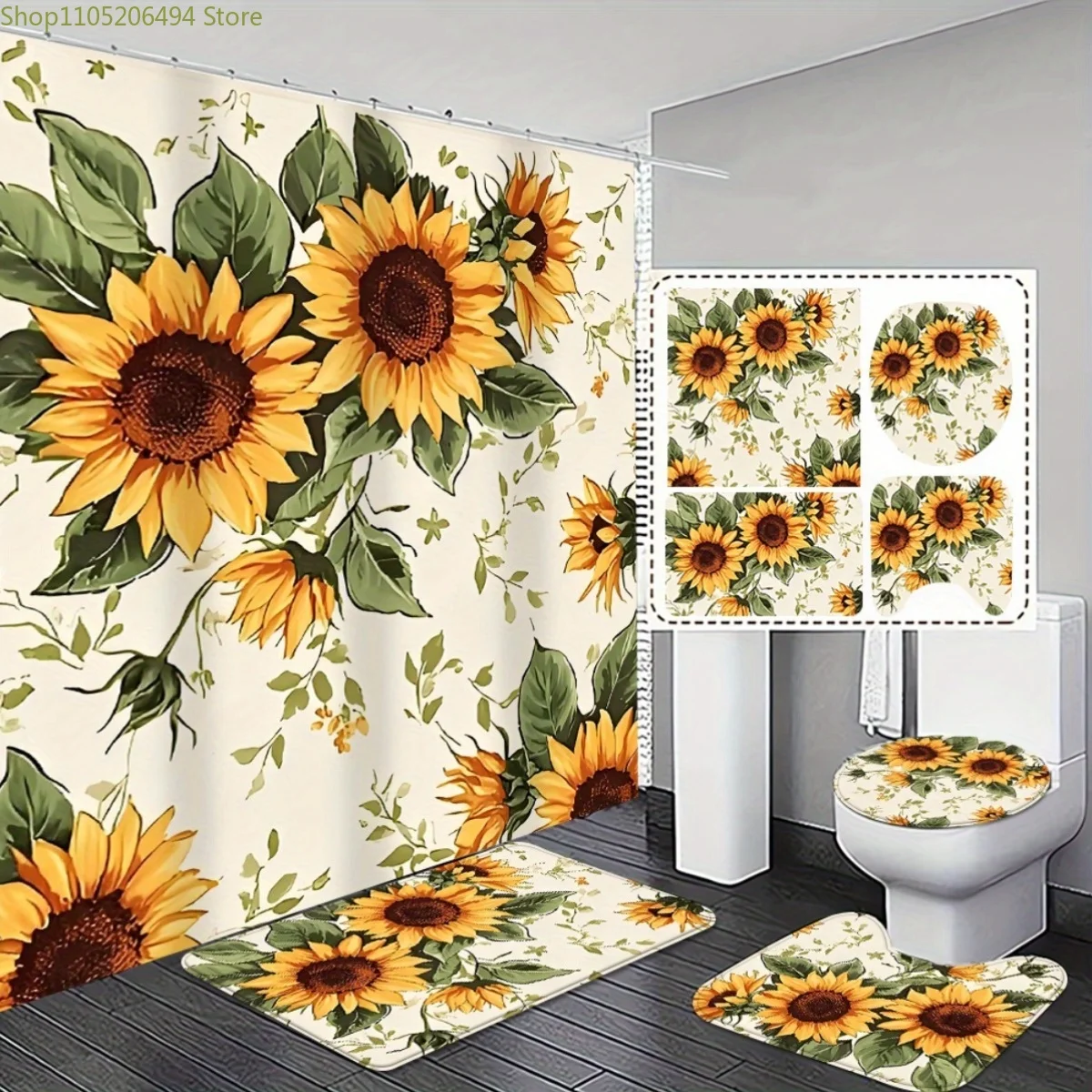 

1/3/4pcs Sunflower Bathroom Decor Set - 2D Flat Shower Curtain, and Toilet Cover - Vibrant Floral Design, Light Blocking, Anti