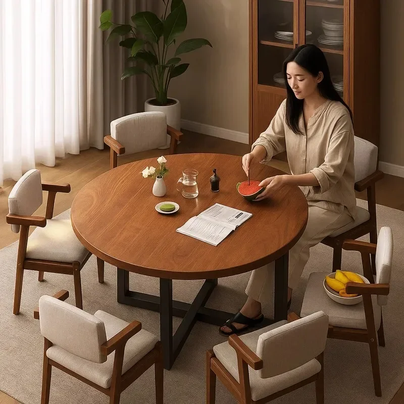 Round table walnut color household small apartment thickened dining table negotiation table and chairs commercial