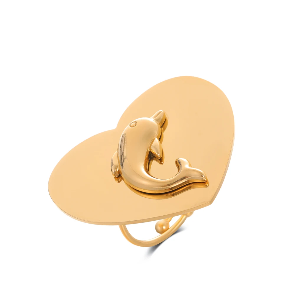 Deluxe Stainless Steel Adjustable Delicate Heart Ring with Fashionable Dolphin Accessories Ladies Birthday Party Gift