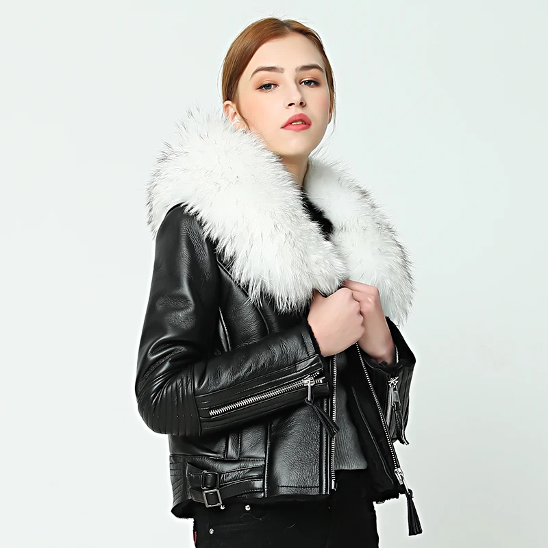 OFTBUY 2022 new Winter jacket coat women Real Sheep skin Leather jacket Double-faced Fur With Raccoon Dog Fur Collar Wool Liner