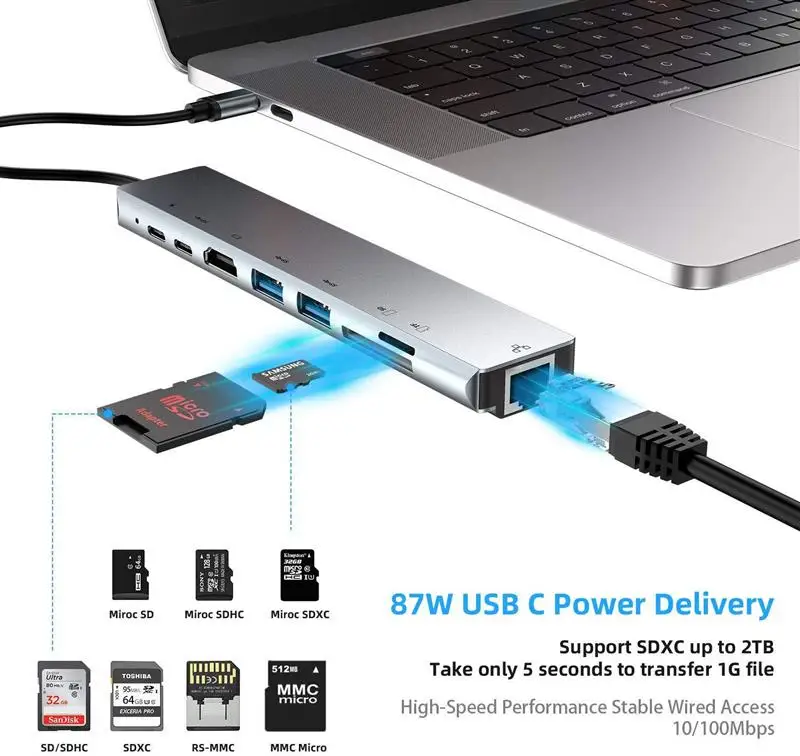 

8 In 1 USB Type-C Hub For Laptop Adapter PC PD Charge Dock Station RJ45 4K HDMI-Compatible SD/TD Card Macbook Splitter Adapter