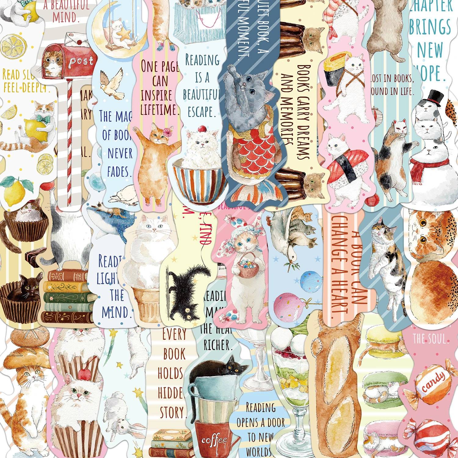 30 marque-pages en forme de chat mignon de dessin animé, des illustrations créatives et uniques illustrant les connaissances des enfants, cartes cadeaux d'apprentissage