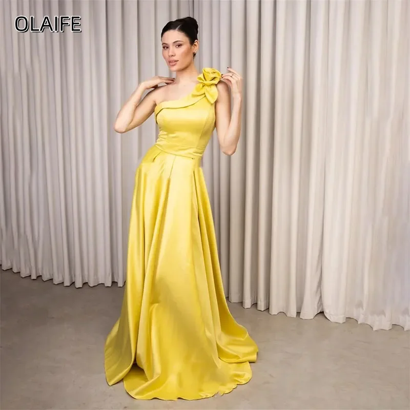 

One-Shoulder Flower Satin A-Line Sweep Train Prom Dresses Sleeveless Customized Formal Occasion Prom Gowns vestidos de gala