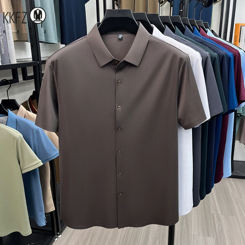 Men Short Sleeve Button Up Shirt Casual Ice Silk Business Formal Shirt Breathable Wrinkle Free Summer Top