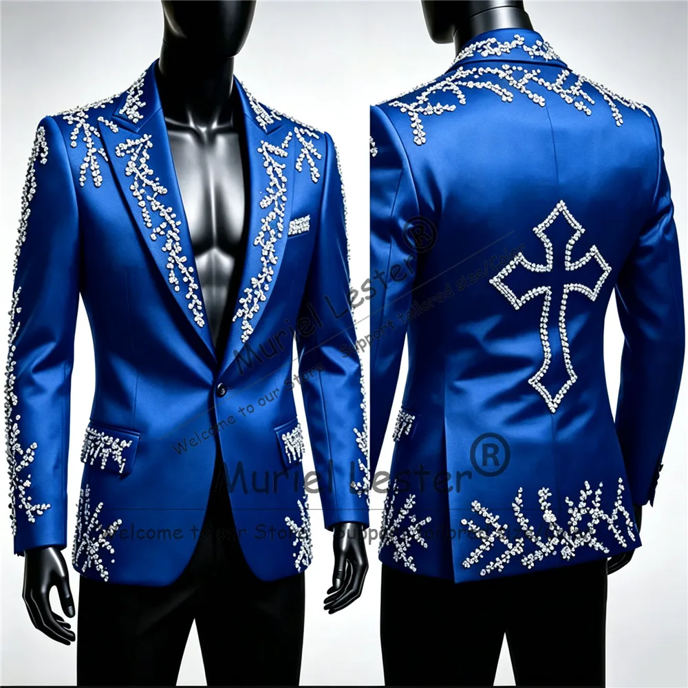 Man Unique Design Tuxedo Suits Sparkly Jewelry Stones Ornament Prom Blazer With Black Pants 2 Piece Sets Groom Wedding Attire view 3