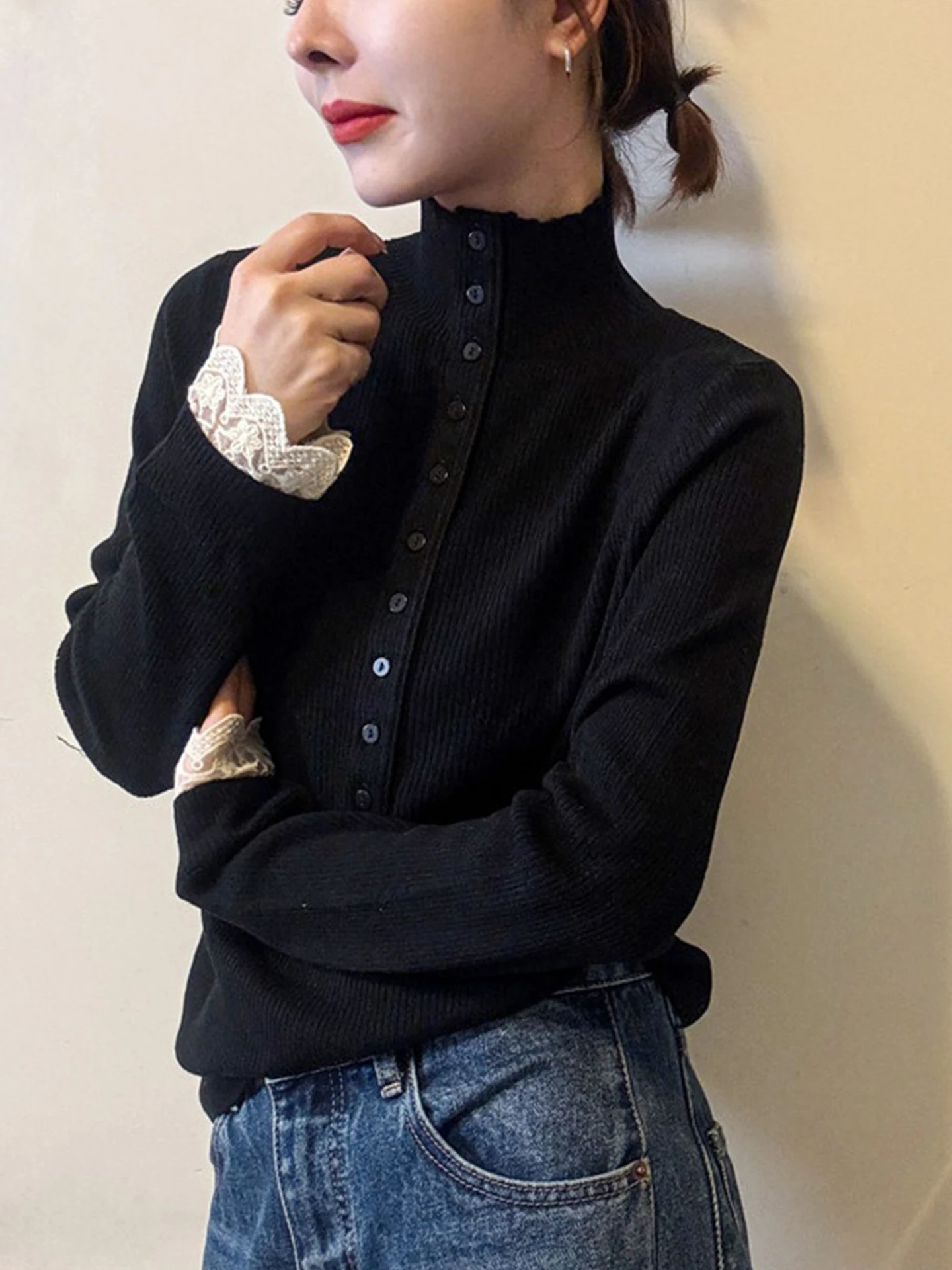 الشتاء Faion تنوعا طويلة Sve محبوك الدانتيل الربط تصميم f عالية طوق Camere المرأة سترة مريحة تناسب #3