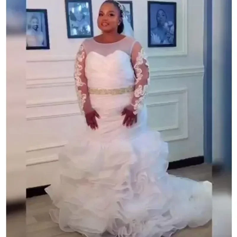 Customized  Sweetheart Beaded Belt Wedding Dress With Long Sleeves Jacket Robe De Mariée African Tiered Organza Bridal Gown