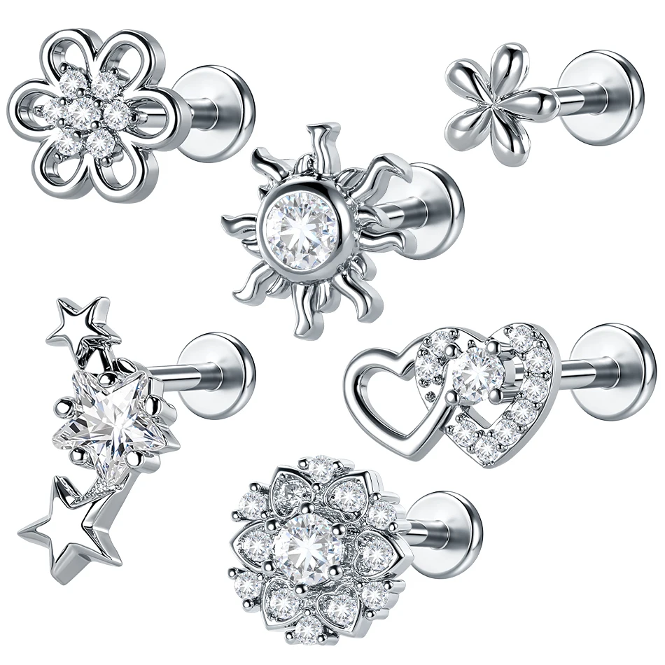 1 Stück Edelstahl Blumen-CZ Tragus Helix Stud Conch Lobe Rook Knorpel Flat Back Labret Ohrstecker Schmuck