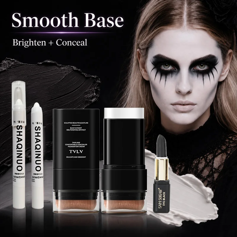 Halloween Goth Makeup Kit White Foundation Stick Concealer Pen Black Lipstick for Vampire Skull Cosplay Costume Party Face Paint