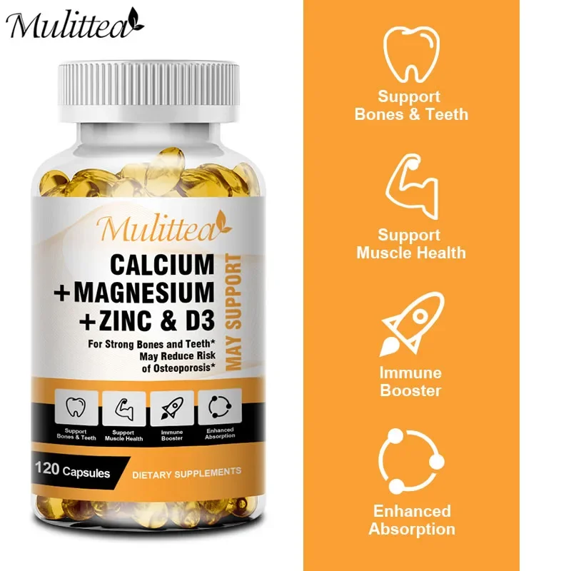 Mulittea Calcium Magnesium Zinc Capsules with Vitamin D3 for Strong Bones & Nervous System Health & Promotes Cell Growth