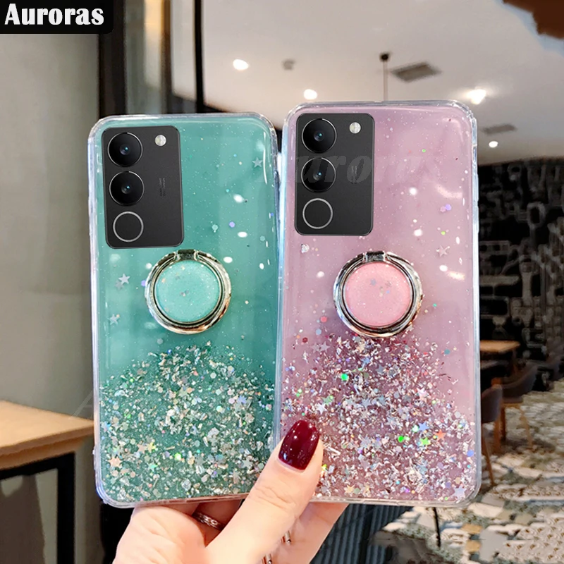 Auroras For VIVO V30 Lite Case With Finger Ring Glitter Star Sequins Soft Shell For Vivo V30 Pro 5G Shockproof Cover Fundas