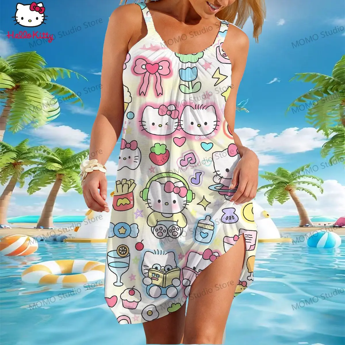 Kawaii Hello Kitty damskie sukienki plażowe Y2k S-3XL Sanrio nowa sukienka Sling 2024 lato Boho elegancka młodzieżowa na co dzień seksowna