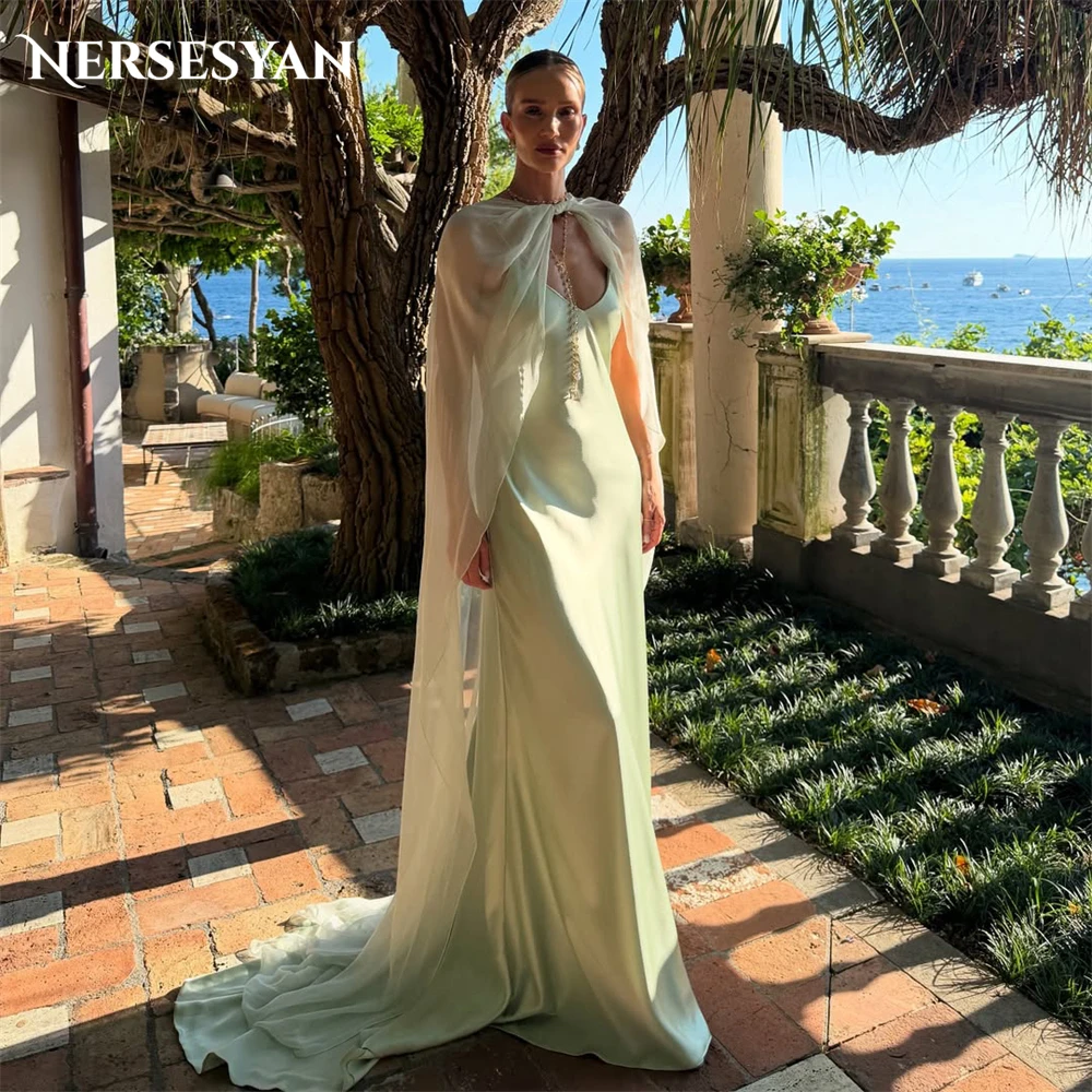 

Nersesyan Pistachio Green Mermaid Evening Dresses Spaghetti Straps Formal Dress Satin Backless Bridesmaid Party Gowns Customized