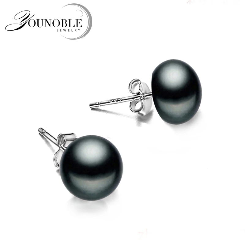 Real 925 Sterling Silver Pearl Stud Earrings For Women Black Natural Freshwater Pearl Jewelry New Fashion