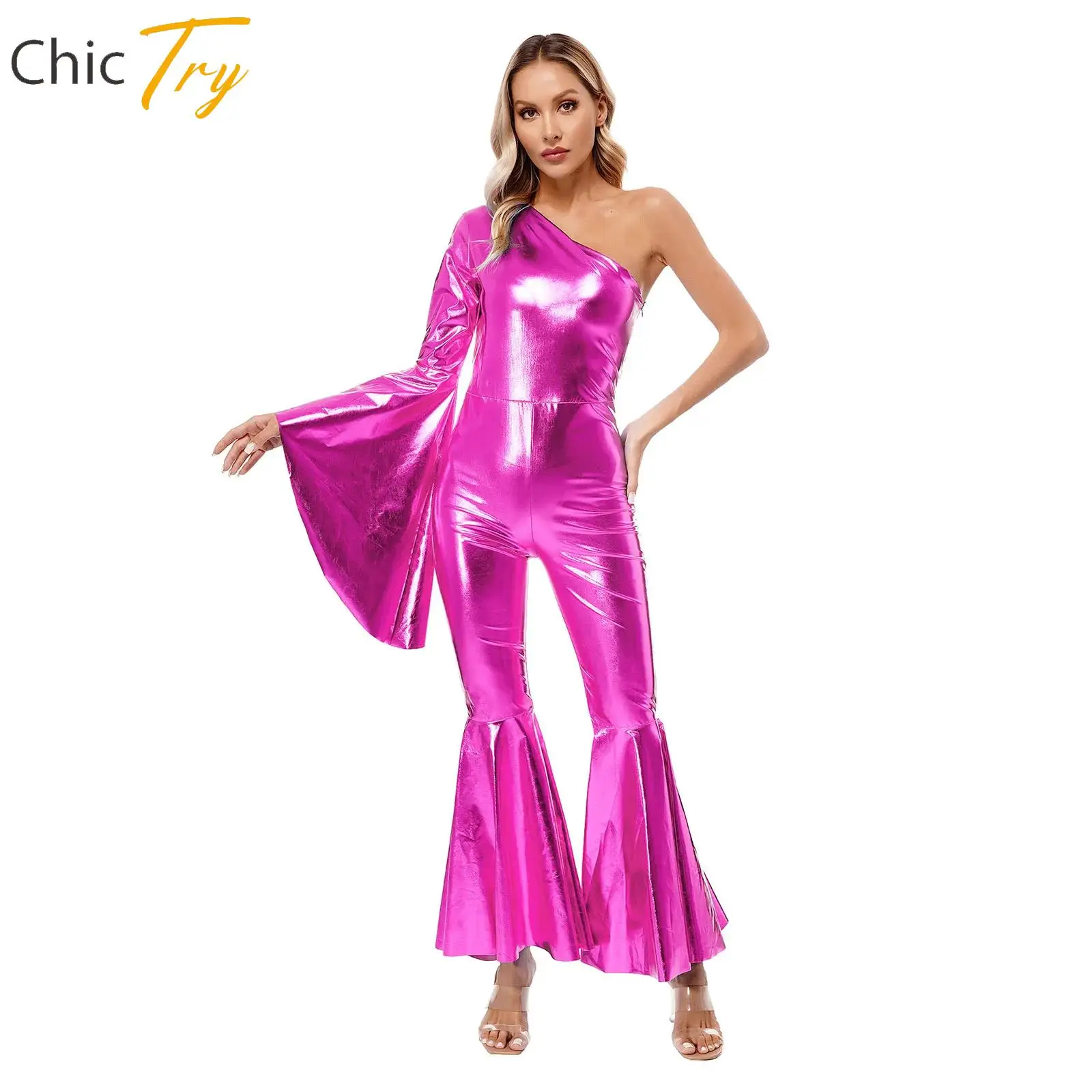 Mono de baile metálico brillante para mujer, Body de un hombro con fondo de campana, actuación, Festival, Carnaval, discoteca, fiesta temática, ropa de discoteca