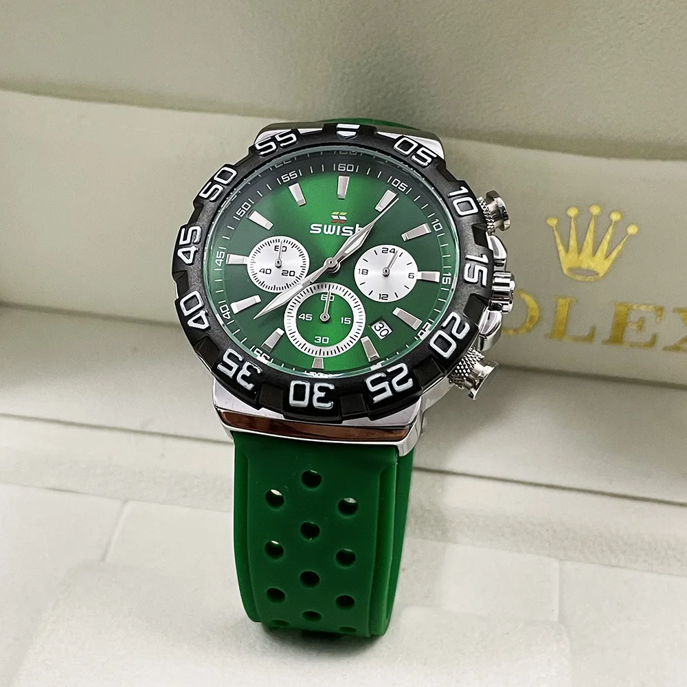 SWISH Men Watches Top Brand Sport Green Vintage Chronograph Wristwatch Japan Quartz Clock Causal Reloj Hombre Calendar Date