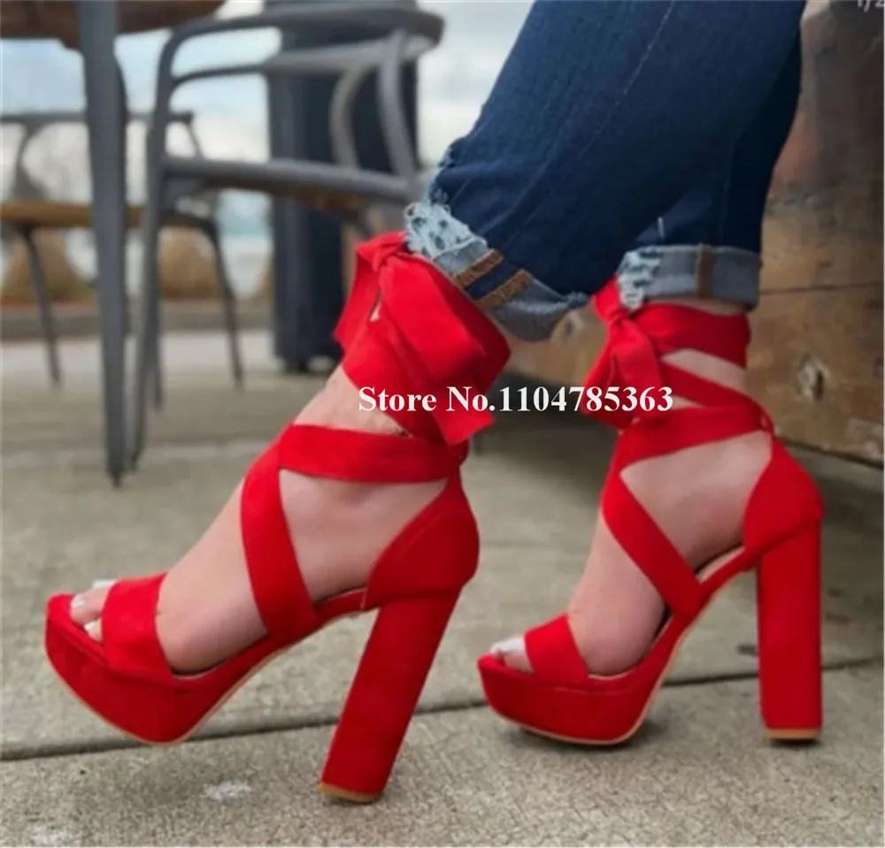 

Summer Fashion Red Black Suede Chunky Heel Strappy Sandals Open Toe Lace-up High Platform Thick Heel Pumps Big Size Heels