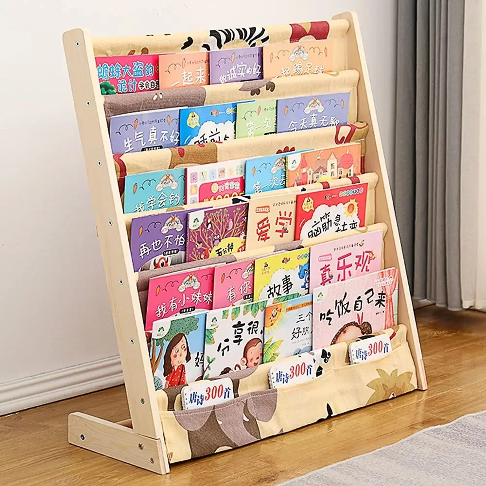 

Kids Book Storage Rack Wooden Bookshelf,Multi-Layer Sling Bookshelf With Fabric Shelves, Easy Access Children Bookcase For Toddl