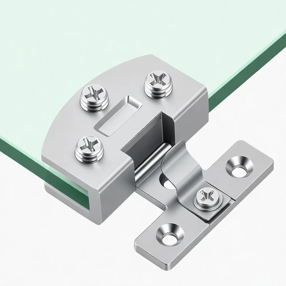 Reliable Glass Hinge For Display Case Cabinet Door No Hole Clamp Zinc Alloy Hardware Durable Finish Silver Black Set