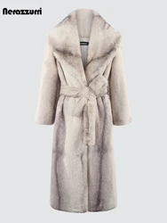 Nerazzurri Autumn Winter Luxury Elegant Classic Chic Long Thick Warm Colorful Gradient Faux Fur Coat Women Sashes Overcoat 2023