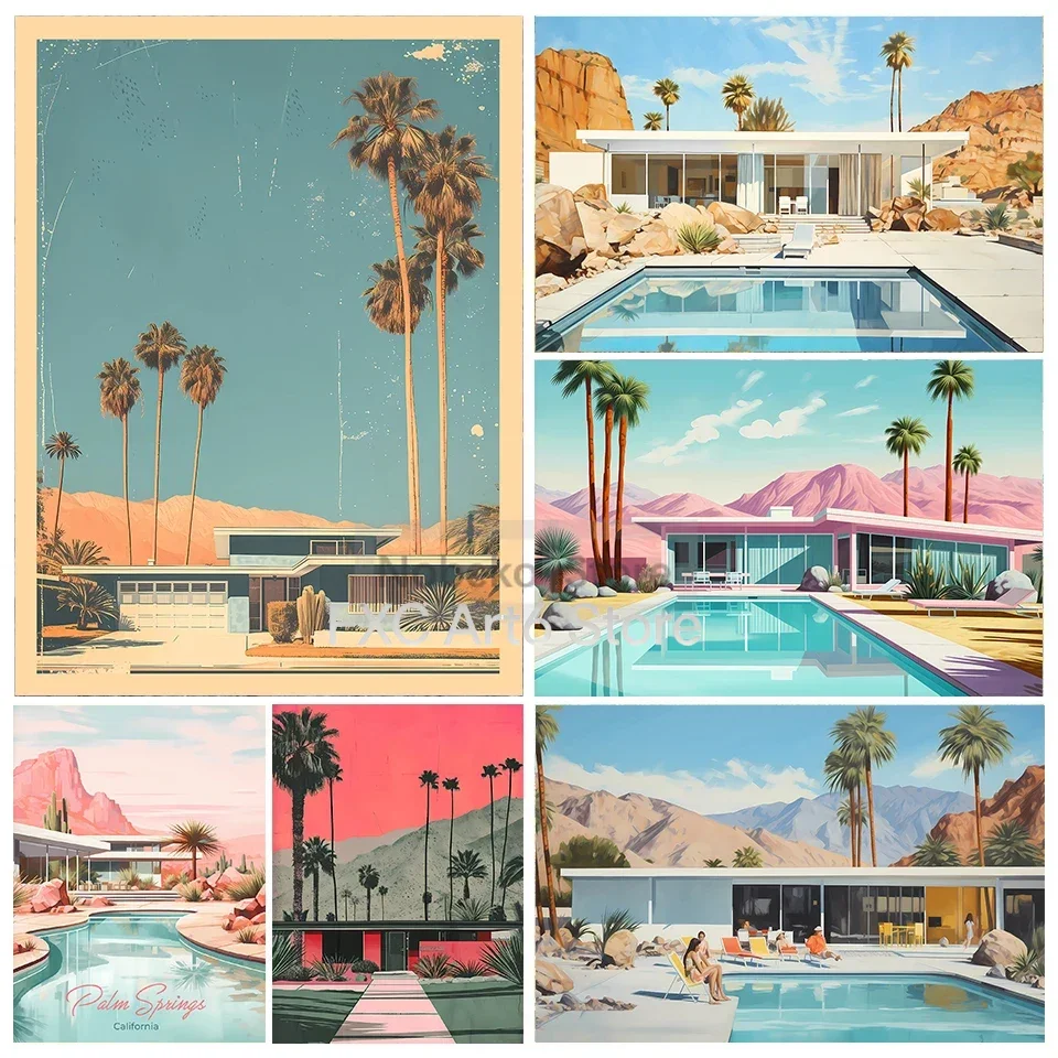 1PCS frameless 1 pieza de póster retro sin marco de Palm Springs, paisaje del desierto de California, impresiones en lienzo, cua