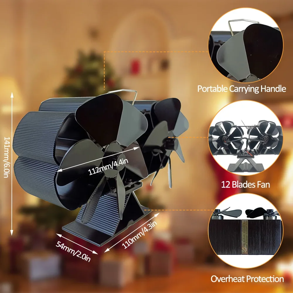 Heat Powered Dual Silent Motors 6 Blades Non-Electric Heat Activated Fireplace Fan with Bracket and Magnetic Ther