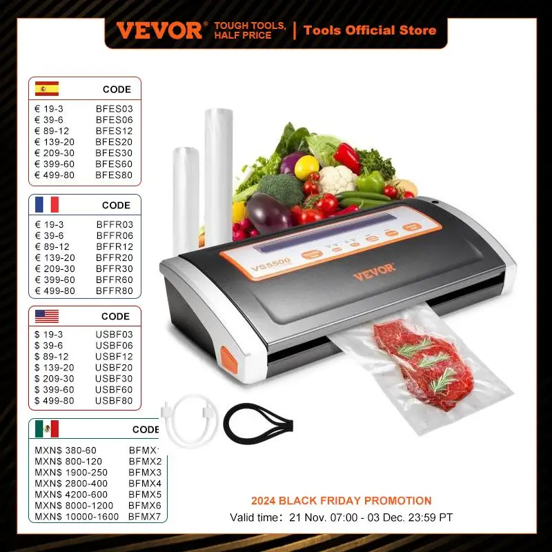 VEVOR Electric Vacuum Food Sealer Machine 130W Manual Air Sealing System W/ Built-in Cutter Home Packing Machine Food Saver