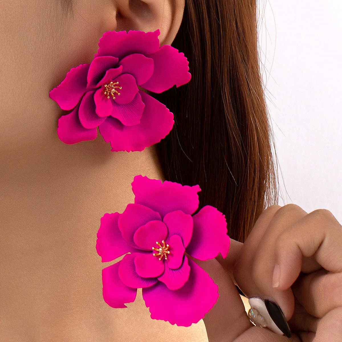 Fashion Big Flower Drop Earrings for Women Wedding New Trendy Long Fushsia Double Layer Enamel Floral Crystal Stud Earring