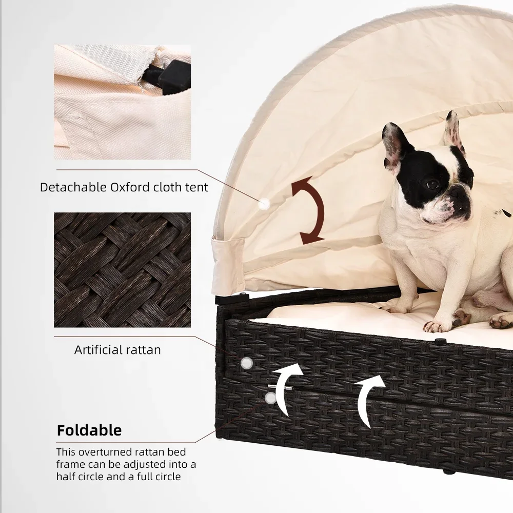 -Indoor Outdoor Removable Sunshade Foldable Artificial PE Rattan Pet Dog Bed With Canopy view 3
