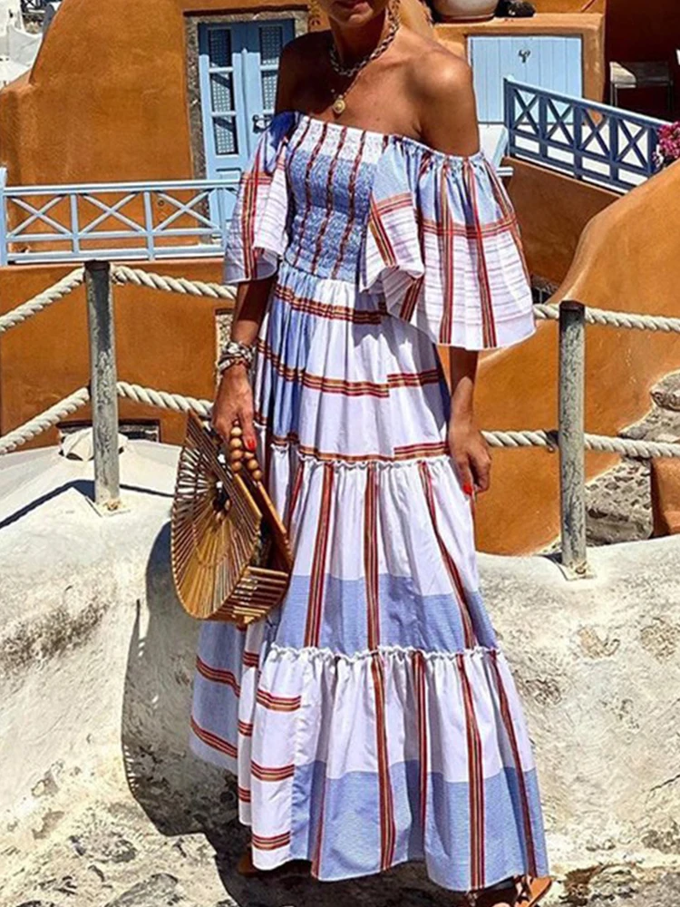 Summer Women Plaid Print A-line Beach Dress Sexy Off the shoulder Boho Long Dress Casual Femme Slash Neck Cover Up Sundress