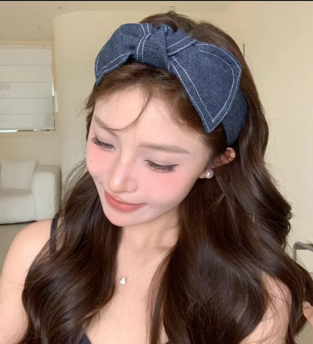 

Korean Wide-Brimmed Fashionable Simple Temperament Denim Fabric Bow Thin-Brimmed Hair Hoop Headband Headwear For Women
