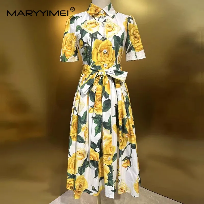 Imagem -02 - Maryyimei-vestido Feminino de Algodão Midi Manga Curta com Renda Ajuste Fino Peito Único Amarelo Rosa Estampado Colarinho de Camisa Moda Novo