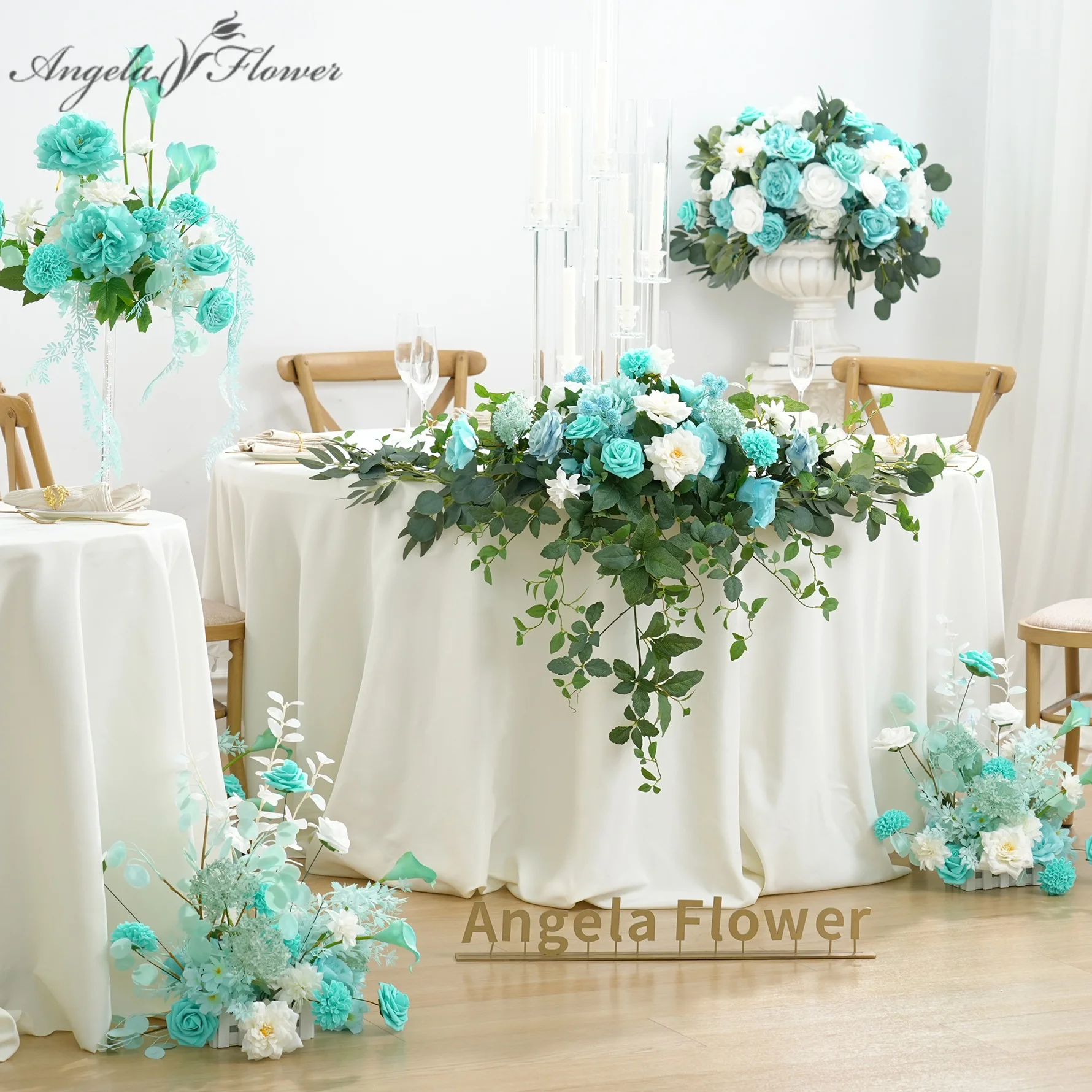 A89562 Tiffany Blue Rose White Peony Green Leave Table Centerpiece