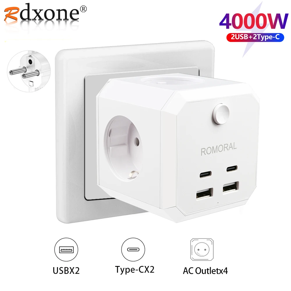 8 in 1 Wall Socket 2 USB-A ports and 2 USB-C Extender Socket Intelligent Creative Plug Board Power Converter For Home/Travel