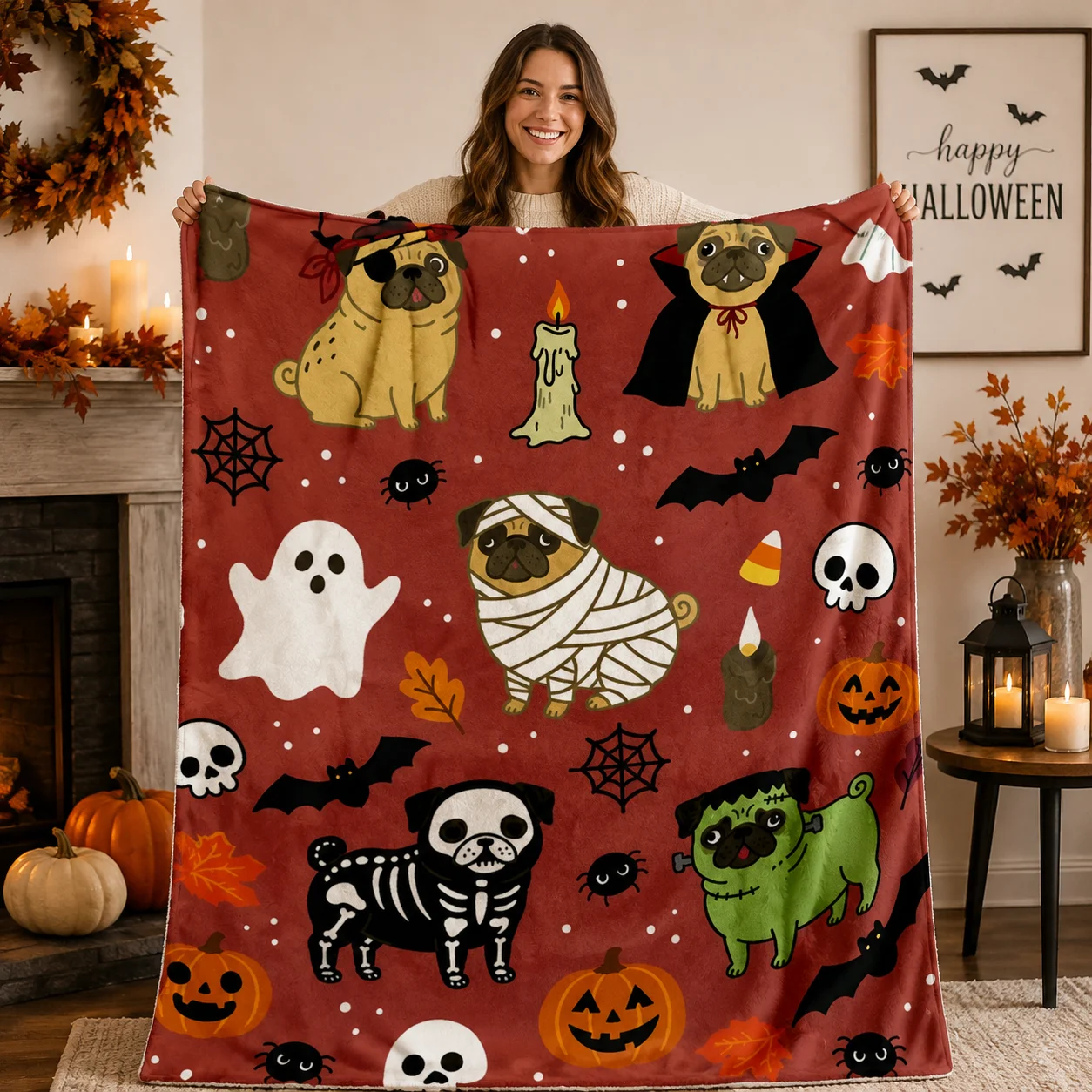 Halloween-Themed Pug Pattern Blanket |   Perfect for Home Decoration, Sofa Layering, Bed Cover, and Halloween Parties, Adding Festive Atmosphere to Your Space with Cute Pugs in Pirate, Vampire, Mummy Designs, Polyester Flannel, Machine Washable