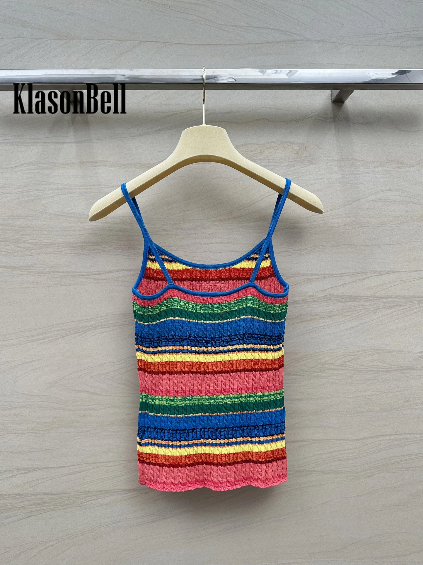 5.8 KlasonBell Letter Contrast Color Rainbow Spaghetti Strap Camis Twist Jacquard Stretch Knit Slim Classic Versatile Tank Top