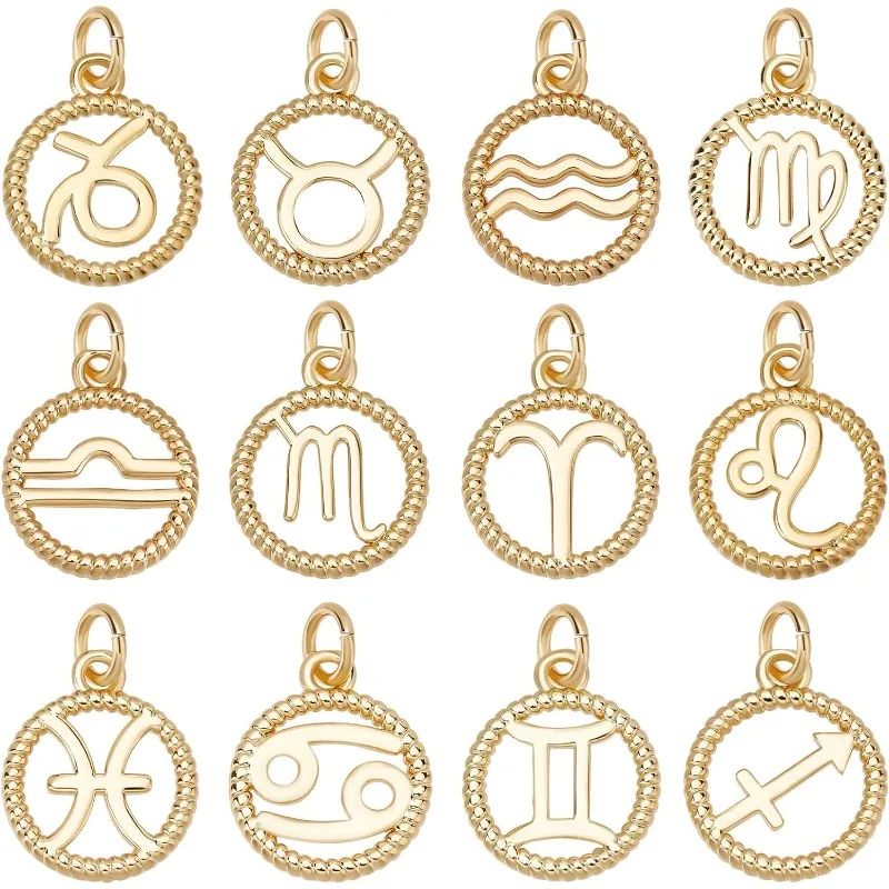 12 Constellation Zodiac Signs Charms 18K Gold Plated Flat Round Charms Pendant for DIY Making Bracelets Necklaces Earrings